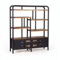 Industrieel boekenrek met houten planken en lades