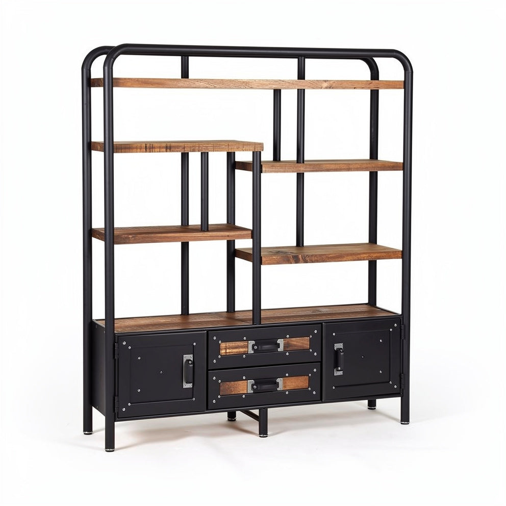 Industrieel boekenrek met houten planken en lades