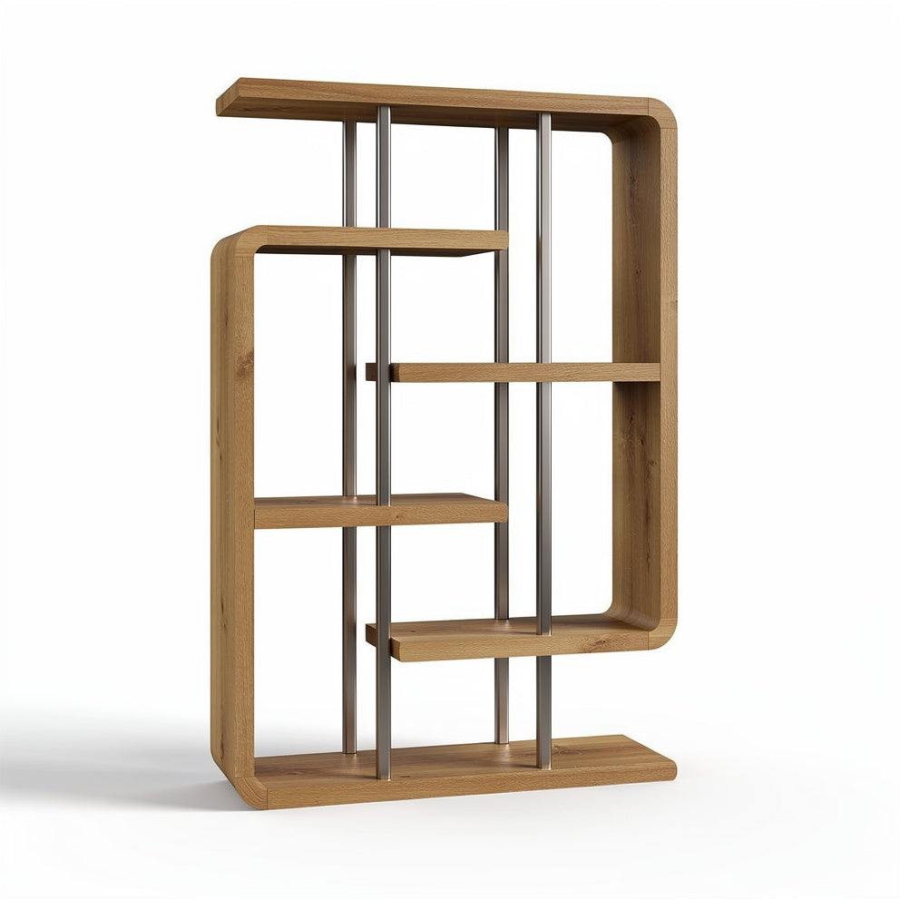 Moderne houten boekenkast met metalen accenten en unieke indeling