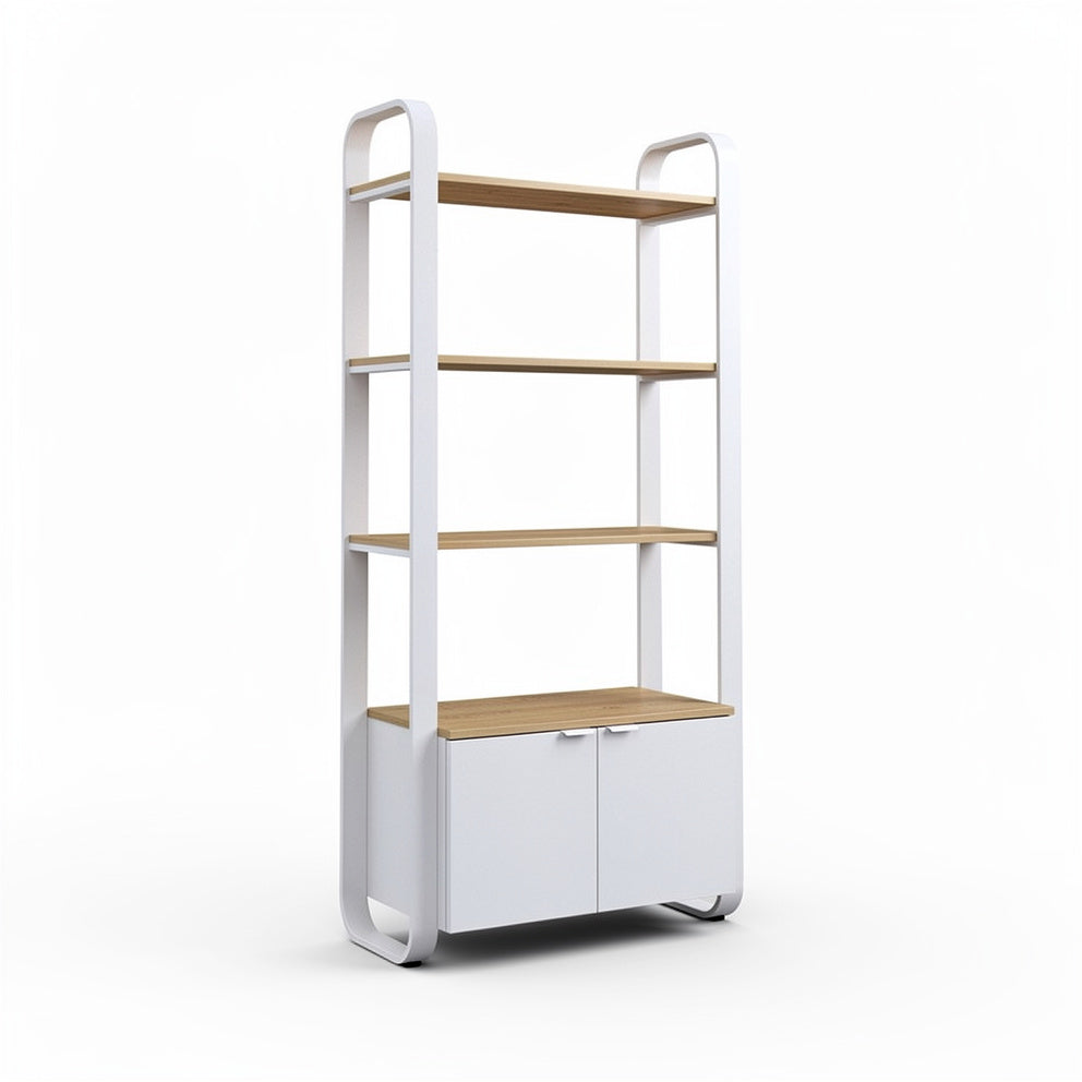 Moderne witte boekenkast met houten planken en opbergcapaciteit
