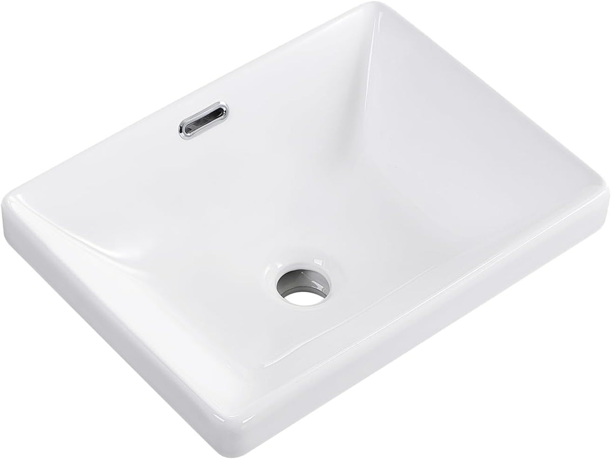 Small Bathroom Vessel Sink 16.7'' x 12.6'' Semi Recessed Bathroom Sink Rectangular Drop-in Vanity Sink with Overflow White Ceramic Modern Art Basin