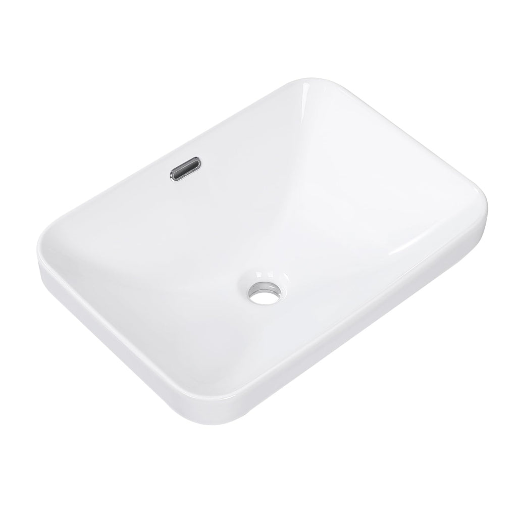Small Bathroom Vessel Sink 16.7'' x 12.6'' Semi Recessed Bathroom Sink Rectangular Drop-in Vanity Sink with Overflow White Ceramic Modern Art Basin