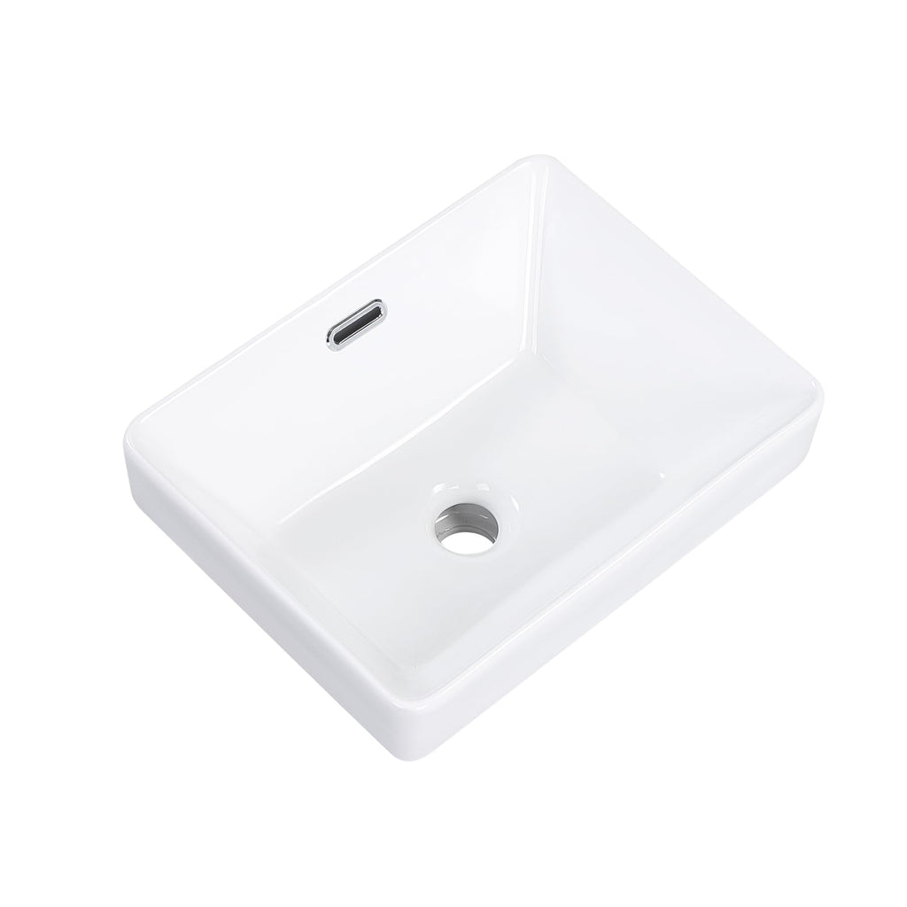 Small Bathroom Vessel Sink 16.7'' x 12.6'' Semi Recessed Bathroom Sink Rectangular Drop-in Vanity Sink with Overflow White Ceramic Modern Art Basin