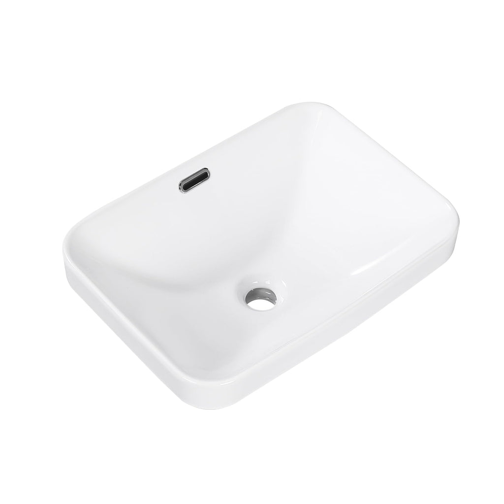 Small Bathroom Vessel Sink 16.7'' x 12.6'' Semi Recessed Bathroom Sink Rectangular Drop-in Vanity Sink with Overflow White Ceramic Modern Art Basin
