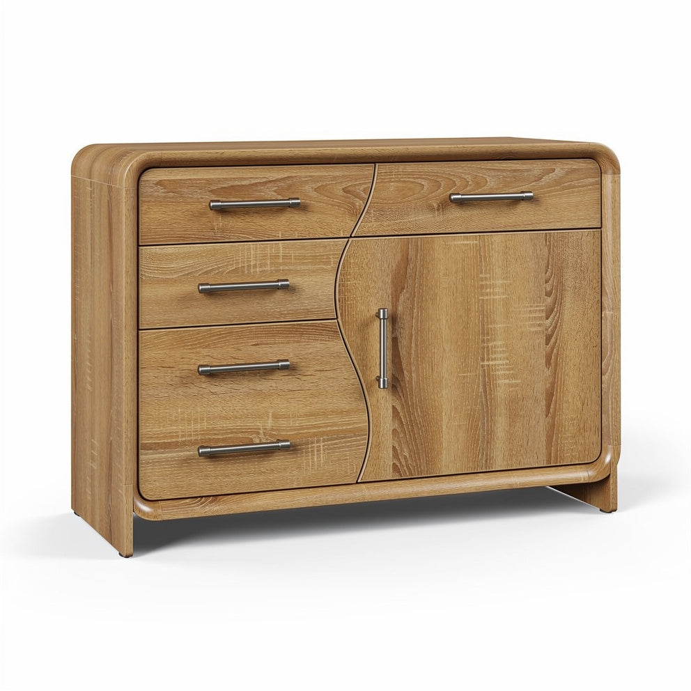 Moderne Houten Dressoir met Golvende Fronten en Zilveren Grepen