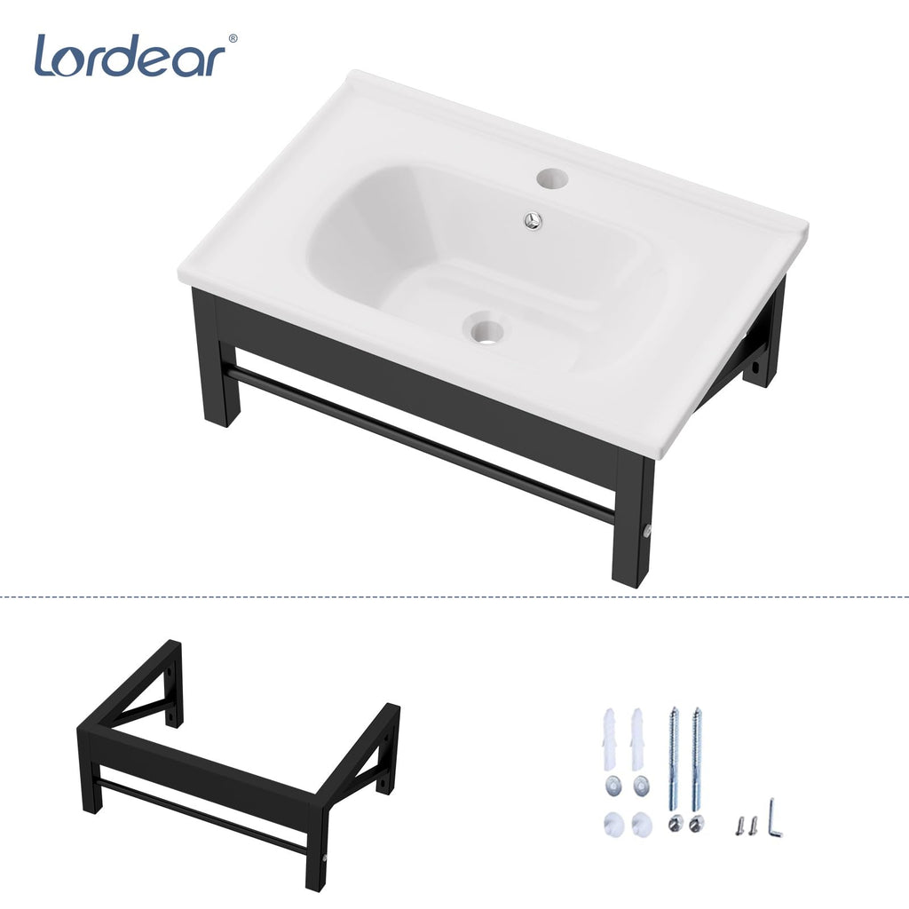 Lordear Wall Mounted Vessel Sink 16x11 Inch, U-Shape White Porcelain Bathroom Sink with Black Faucet and Support Pedestal Legs, Wall Hung Vanity Sink with Towel Rack for Small Bathrooms