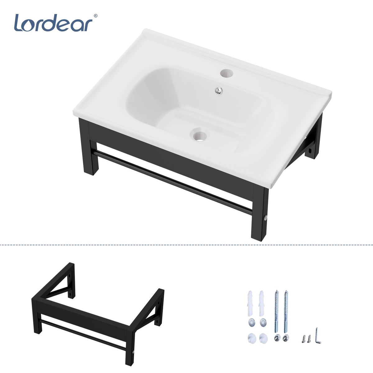 Lordear Wall Mounted Vessel Sink 16x11 Inch, U-Shape White Porcelain Bathroom Sink with Black Faucet and Support Pedestal Legs, Wall Hung Vanity Sink with Towel Rack for Small Bathrooms