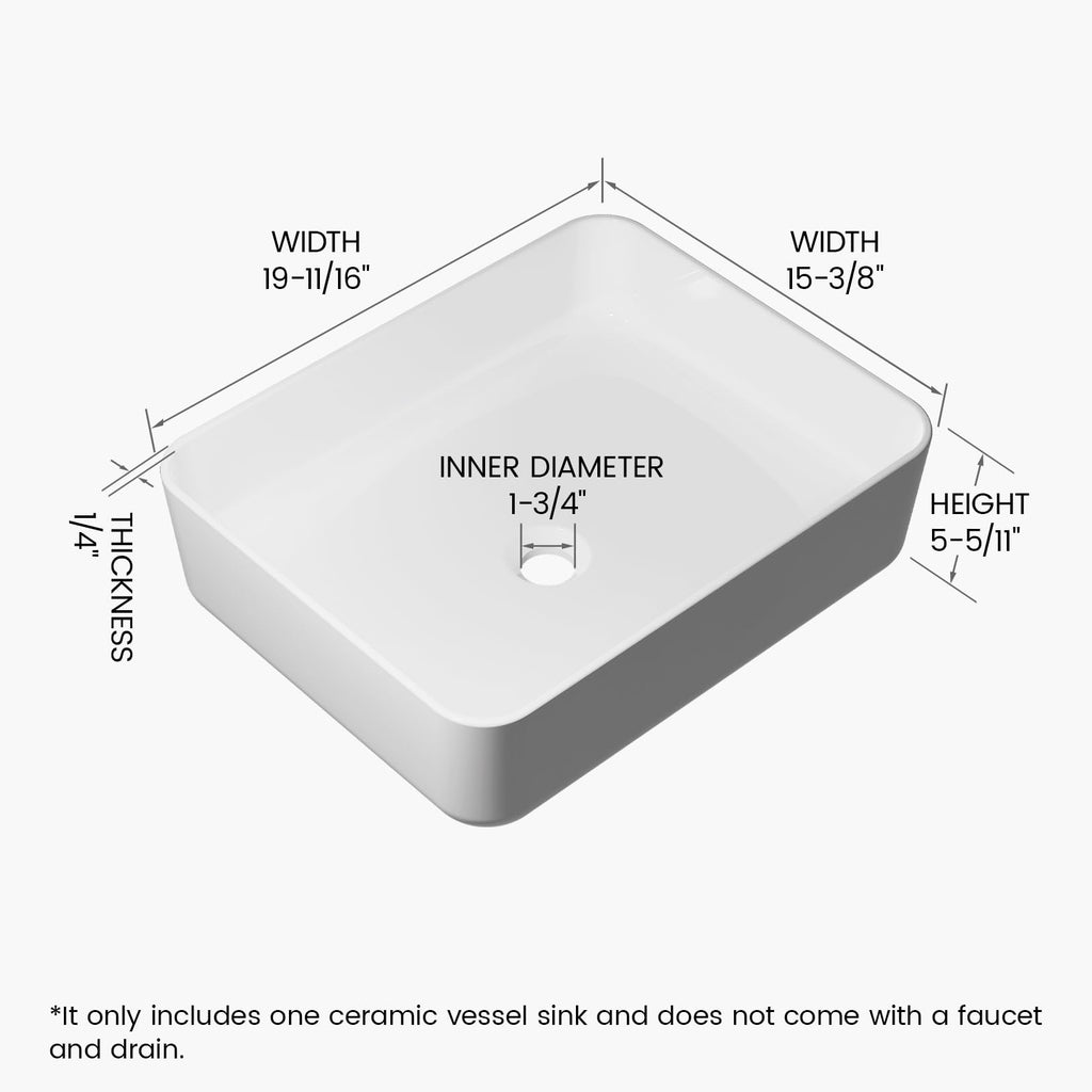 Matte Black Bathroom Vessel Sink Rectangular, 19.7â x 15.4â x 5.5â, Modern Countertop Bathroom Sink with Drainage Design, Above Counter Ceramic Basin for Powder Room - MJ-695