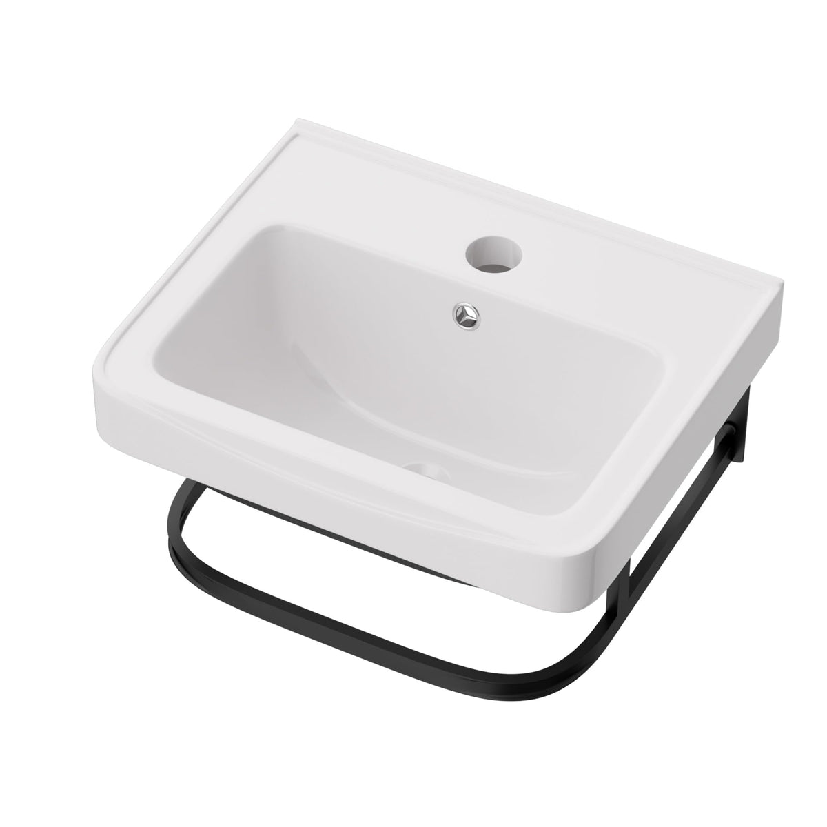 Lordear Wall Mounted Vessel Sink 16x11 Inch, U-Shape White Porcelain Bathroom Sink with Black Faucet and Support Pedestal Legs, Wall Hung Vanity Sink with Towel Rack for Small Bathrooms