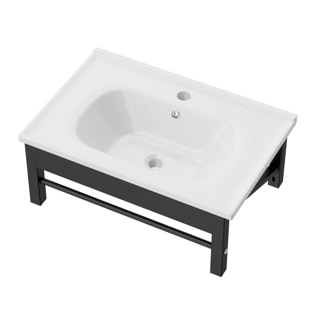 Lordear Wall Mounted Vessel Sink 16x11 Inch, U-Shape White Porcelain Bathroom Sink with Black Faucet and Support Pedestal Legs, Wall Hung Vanity Sink with Towel Rack for Small Bathrooms