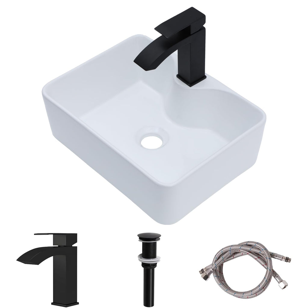 Kichae 16"x12" Vessel Sink Rectangle - Modern Above Matte Black Porcelain Ceramic Bathroom Vessel Vanity Sink Bowl Art Basin