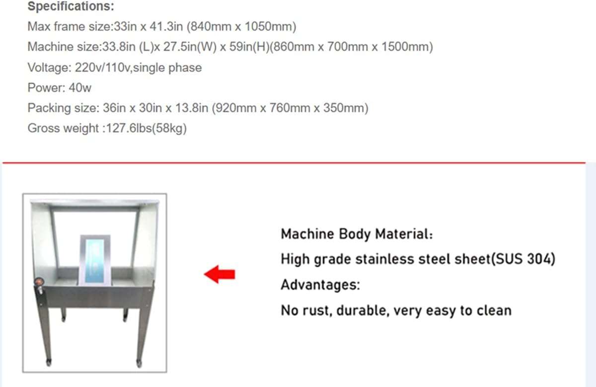 CALCA 40W Screen Printing Steel Washout Booth 33.8in w/Backlit System with 9 Spary Patters