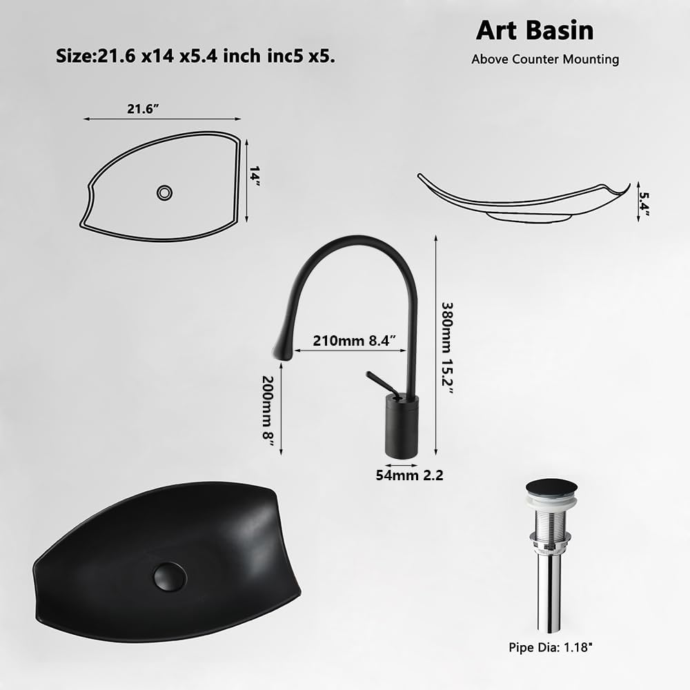 21 Inch Black Bathroom Vessel Sink Set (Irregular Rectangular)
