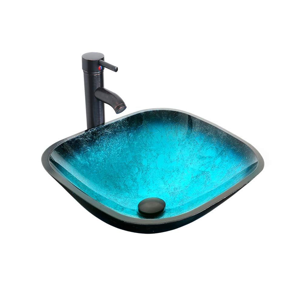 eclife 21.5" Bathroom Vessel Sink Modern Artistic Single Brown Boat Tempered Glass Basin Countertop Bowl Sink for Lavatory Vanity Cabinet, W/Water Save Faucet Pop Up Drain (A29BR)