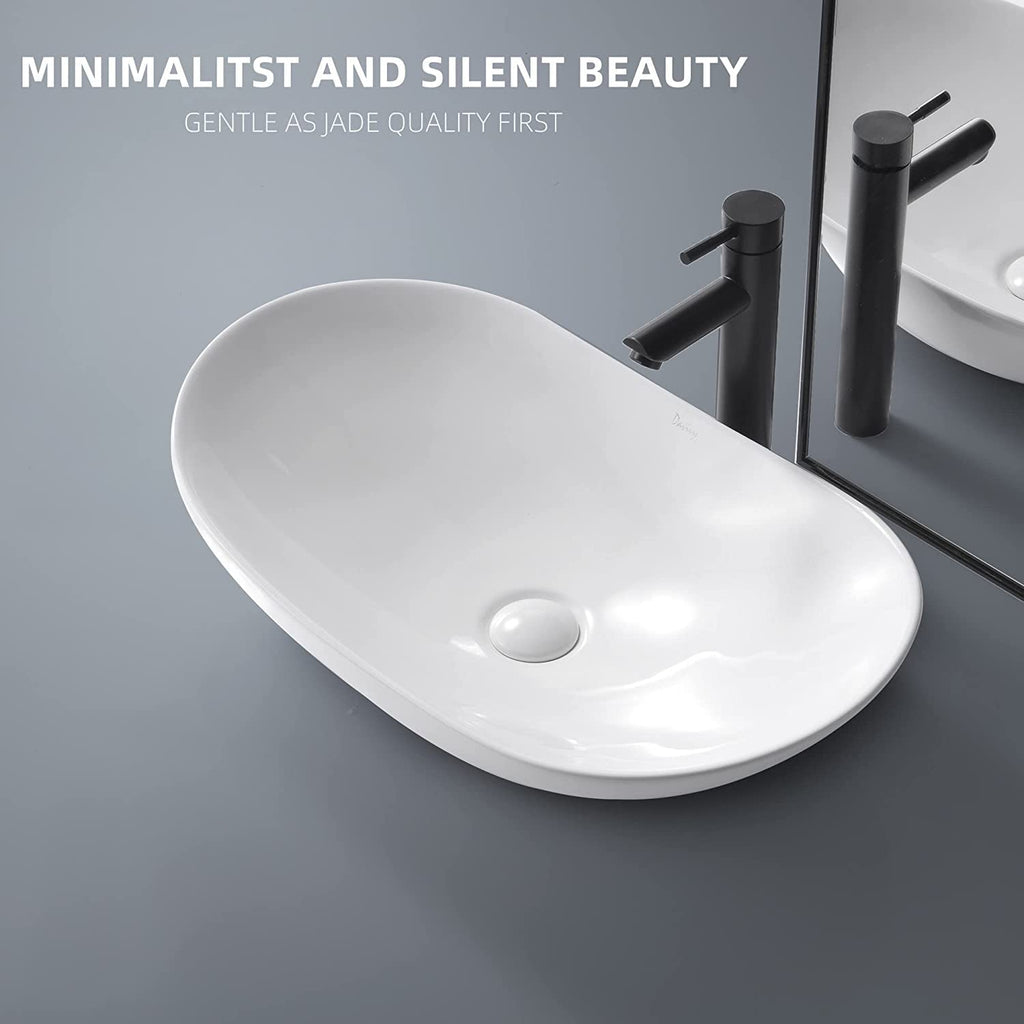 Davivy 24.5'' X 13.8'' Large Matte Black Oval Vessel Sink with Pop Up Drain,Ceramic Bathroom Sink Above Counter,Matte Black and White Vessel Sink for Bathroom (Large)
