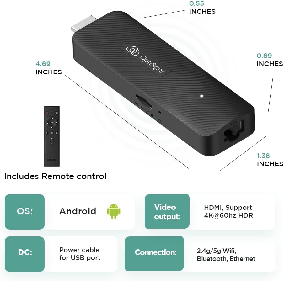 OptiSigns OptiStick Digital Signage Player - Android-Based 4K UHD HDMI Stick, Quad Core, WiFi/Ethernet, Remote Screen Management