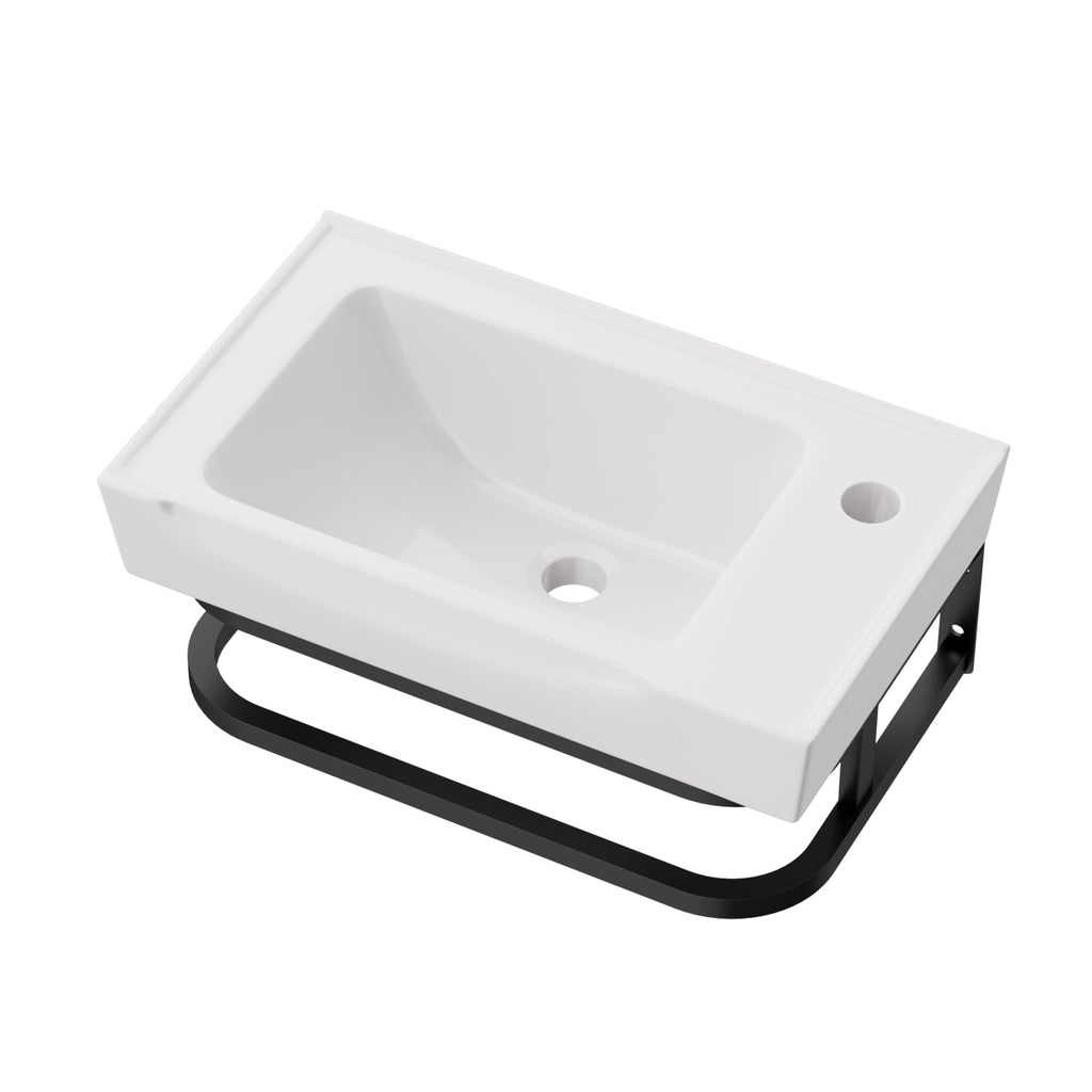 Lordear Wall Mounted Vessel Sink 16x11 Inch, U-Shape White Porcelain Bathroom Sink with Black Faucet and Support Pedestal Legs, Wall Hung Vanity Sink with Towel Rack for Small Bathrooms