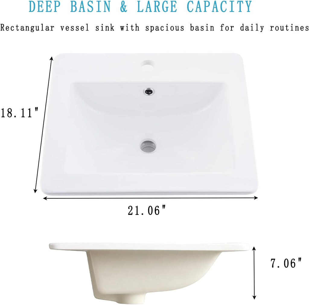 21x18 White Drop In Vessel Bathroom Sink Rectangular Ceramic