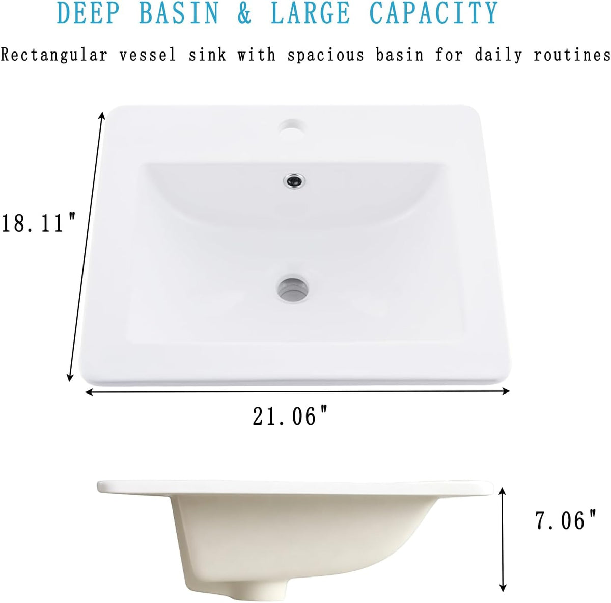 21x18 White Drop In Vessel Bathroom Sink Rectangular Ceramic