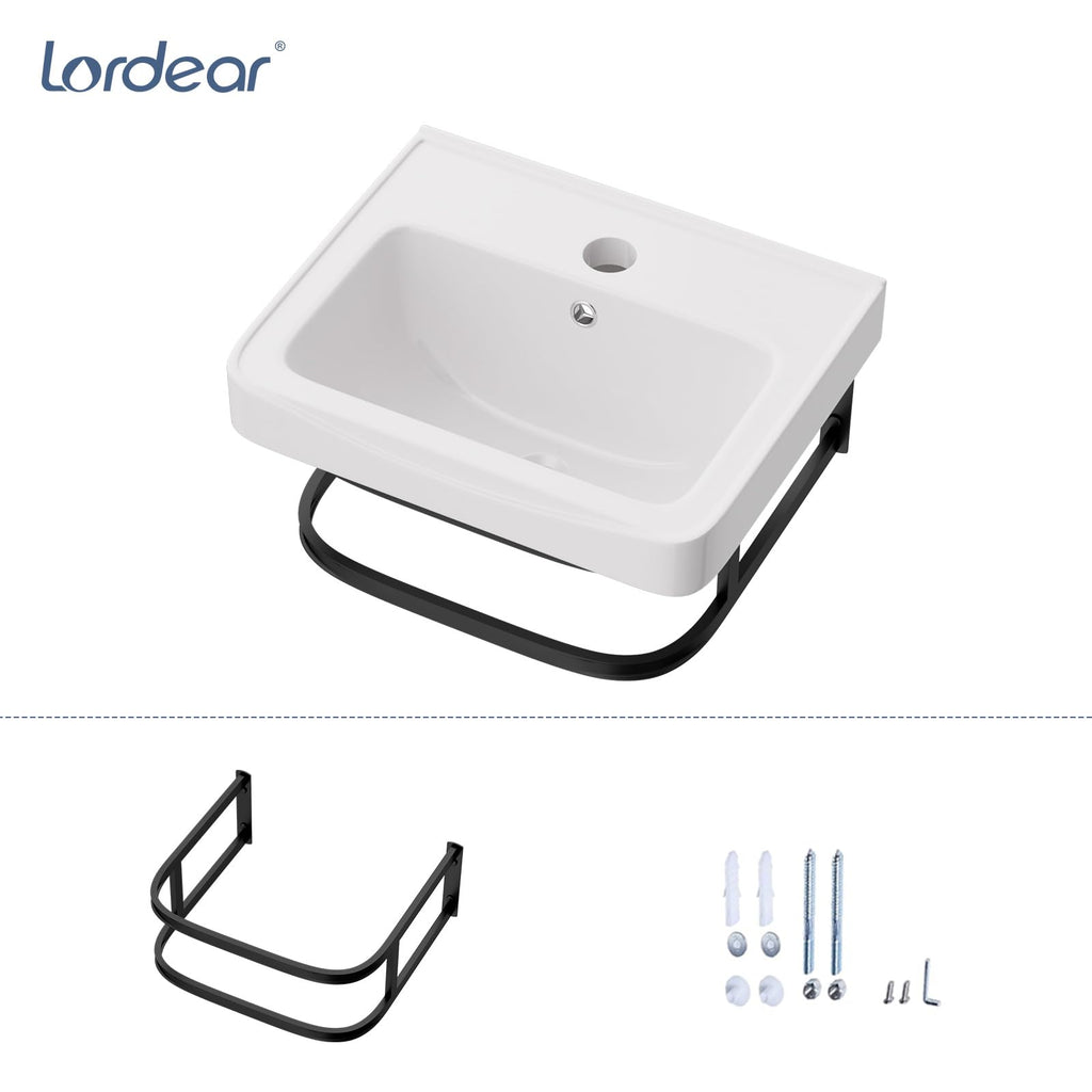 Lordear Wall Mounted Vessel Sink 16x11 Inch, U-Shape White Porcelain Bathroom Sink with Black Faucet and Support Pedestal Legs, Wall Hung Vanity Sink with Towel Rack for Small Bathrooms