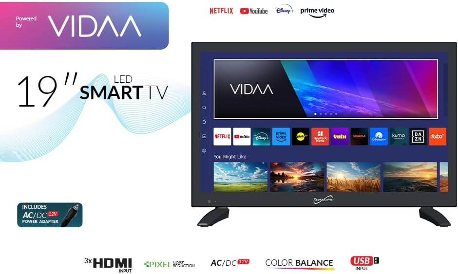 Supersonic SC-1920VTV 18.5inch Smart AC/DC LED TV, Powered by VIDAA, 1080p, WiFi, Built-in Speakers, USB, 3X HDMI ARC, for Kitchen, RV, Boat, Truck, Playroom, Dorm Room, Remote, DC Car Cord Included