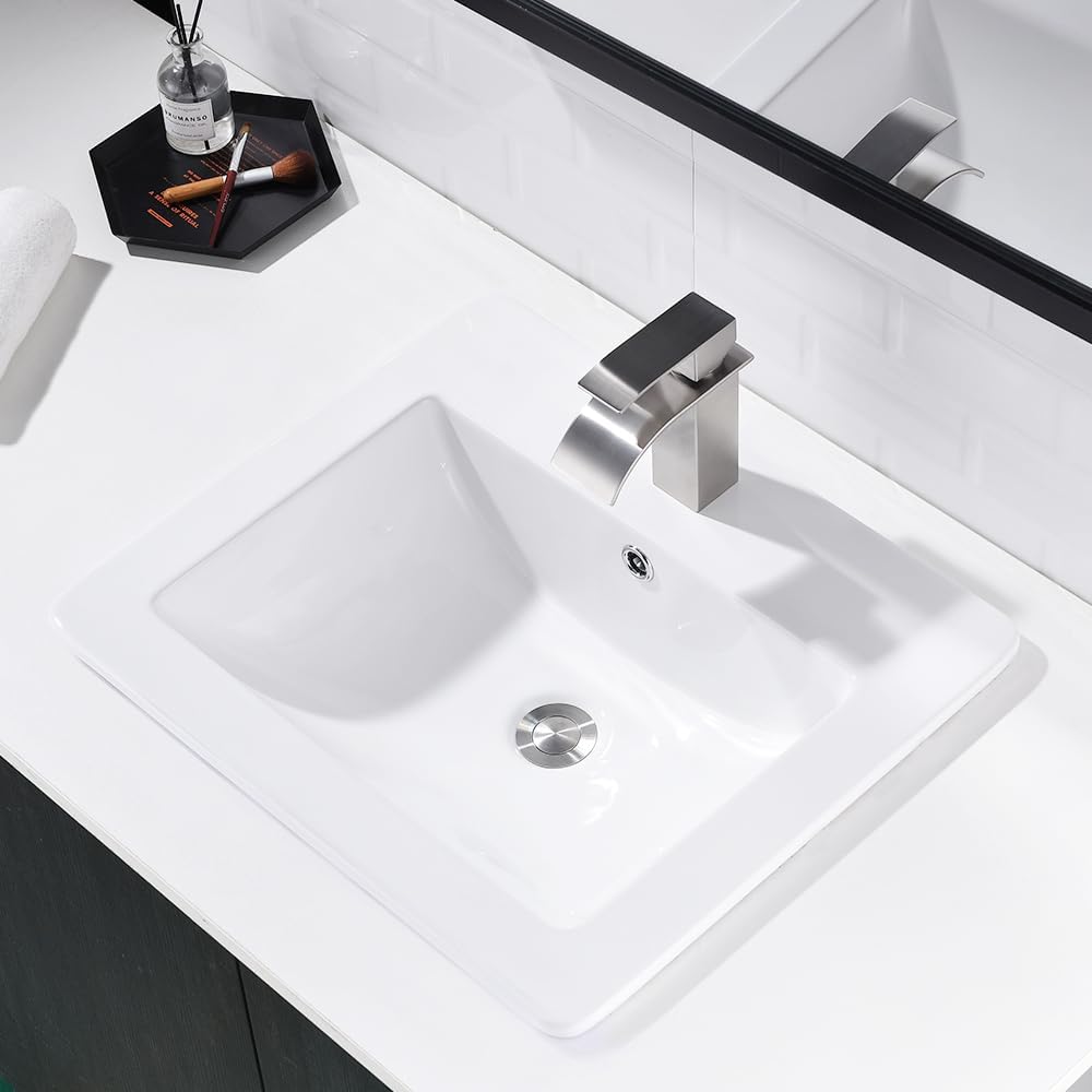 21x18 White Drop In Vessel Bathroom Sink Rectangular Ceramic