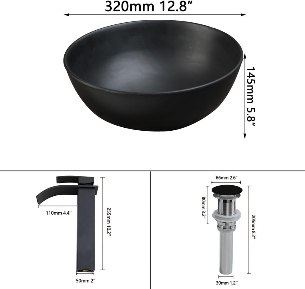 13 Inch Round Black Bathroom Vessel Sink Set