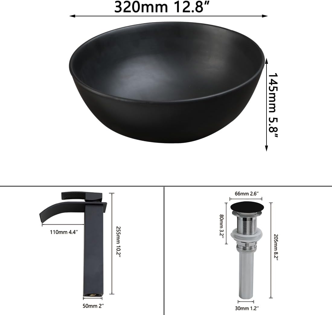 13 Inch Round Black Bathroom Vessel Sink Set