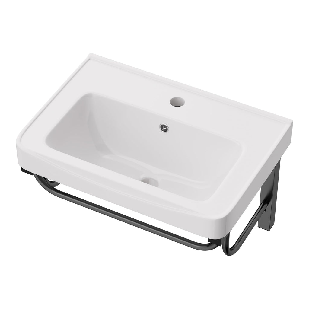 Lordear Wall Mounted Vessel Sink 16x11 Inch, U-Shape White Porcelain Bathroom Sink with Black Faucet and Support Pedestal Legs, Wall Hung Vanity Sink with Towel Rack for Small Bathrooms