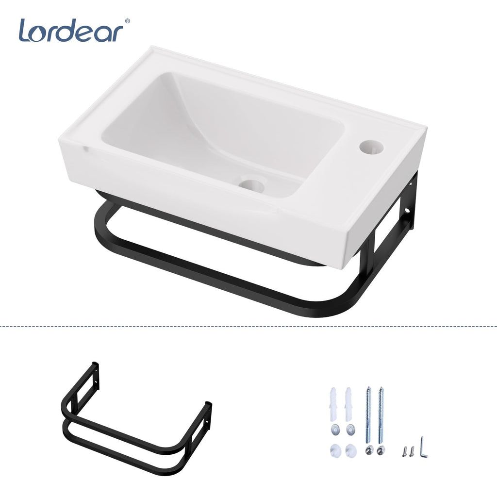 Lordear Wall Mounted Vessel Sink 16x11 Inch, U-Shape White Porcelain Bathroom Sink with Black Faucet and Support Pedestal Legs, Wall Hung Vanity Sink with Towel Rack for Small Bathrooms