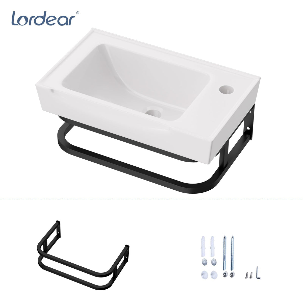 Lordear Wall Mounted Vessel Sink 16x11 Inch, U-Shape White Porcelain Bathroom Sink with Black Faucet and Support Pedestal Legs, Wall Hung Vanity Sink with Towel Rack for Small Bathrooms