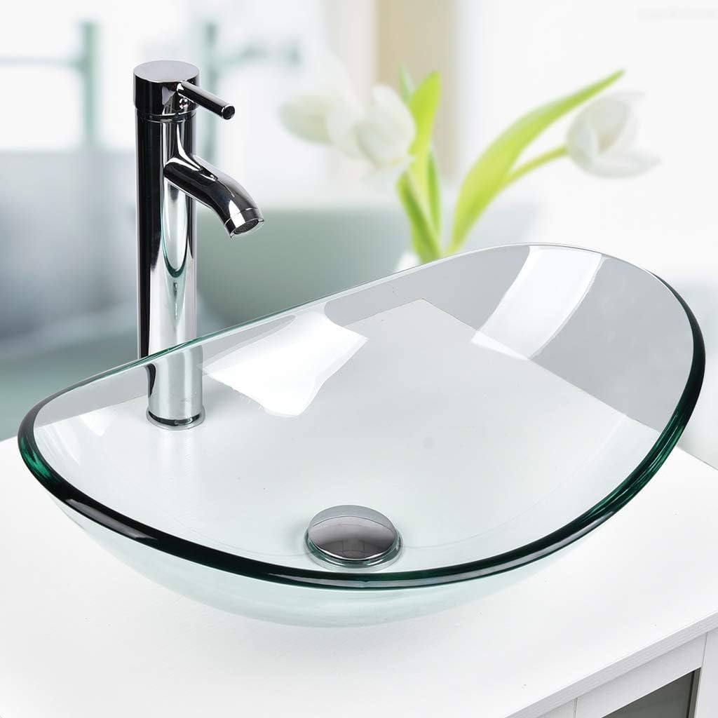 YOURLITE Bathroom Artistic Vessel Sink, Tempered Glass Countertop Bowl Sink
