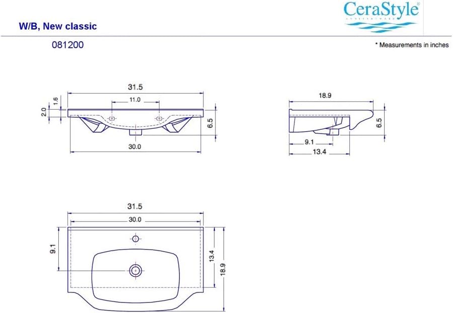 081200-U-One Hole Yeni Klasik Rectangular Ceramic Wall Mounted/Self Rimming Bathroom Sink, White