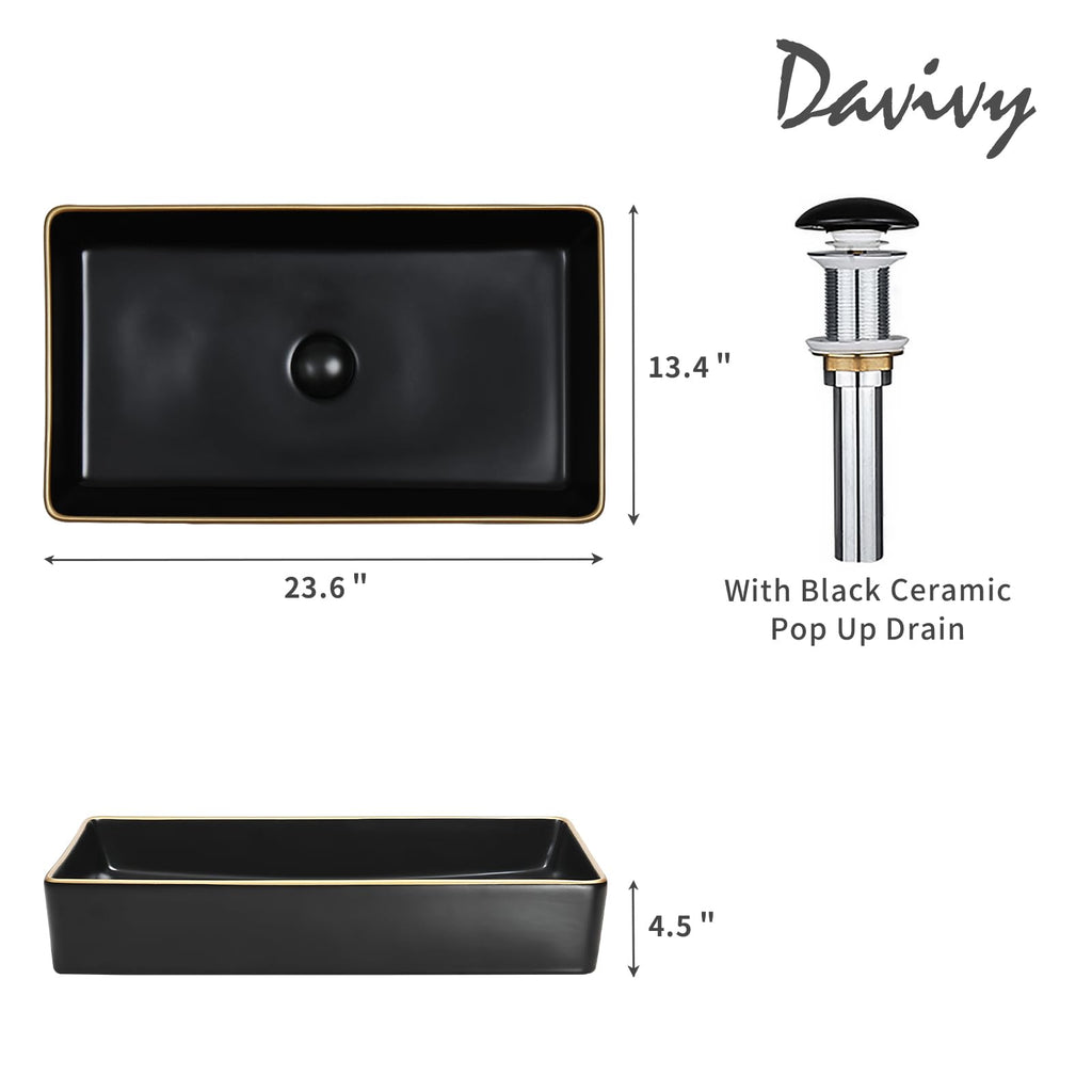 Davivy 16'' X 13.2'' Matte Black Oval Vessel Sink with Pop Up Drain,Bathroom Vessel Sinks,Bathroom Sinks Above Counter,Ceramic Vessel Sink,Counter top Sink,Black Sink Bowls for Bathroom