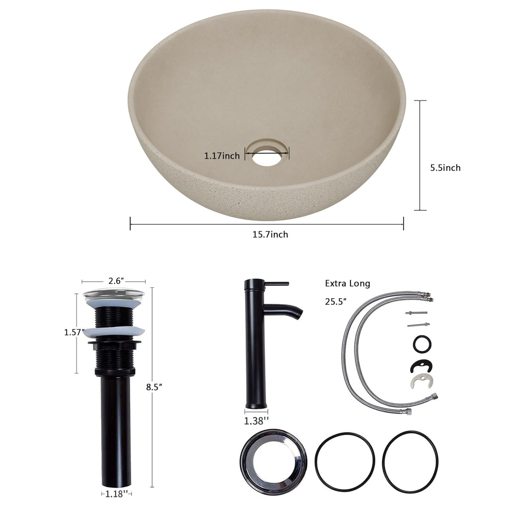 Design Vessel Sink Concrete Bathroom Sink above Counter Small Vessel Sink Bathroom Sink Bowl Countertop Modern Sinks with Faucet and Drain Combo 15.7" Round Gray