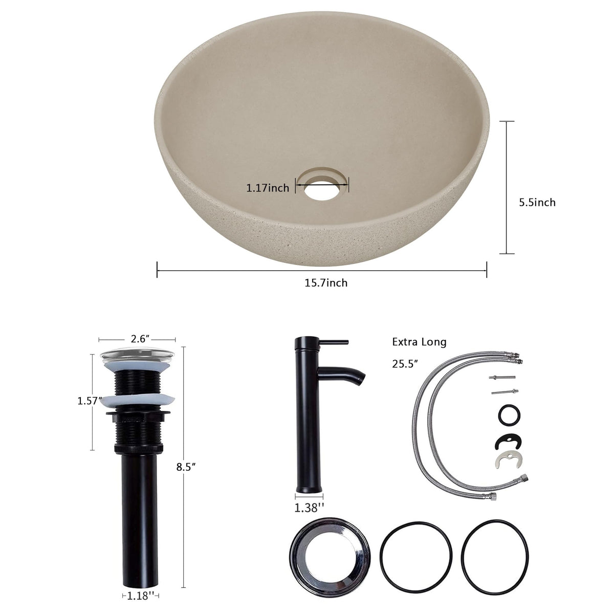 Design Vessel Sink Concrete Bathroom Sink above Counter Small Vessel Sink Bathroom Sink Bowl Countertop Modern Sinks with Faucet and Drain Combo 15.7" Round Gray