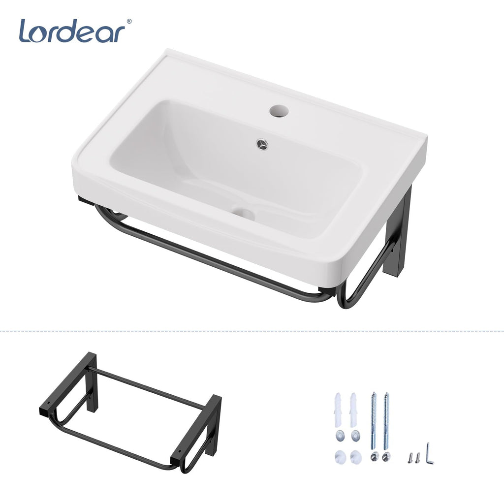 Lordear Wall Mounted Vessel Sink 16x11 Inch, U-Shape White Porcelain Bathroom Sink with Black Faucet and Support Pedestal Legs, Wall Hung Vanity Sink with Towel Rack for Small Bathrooms