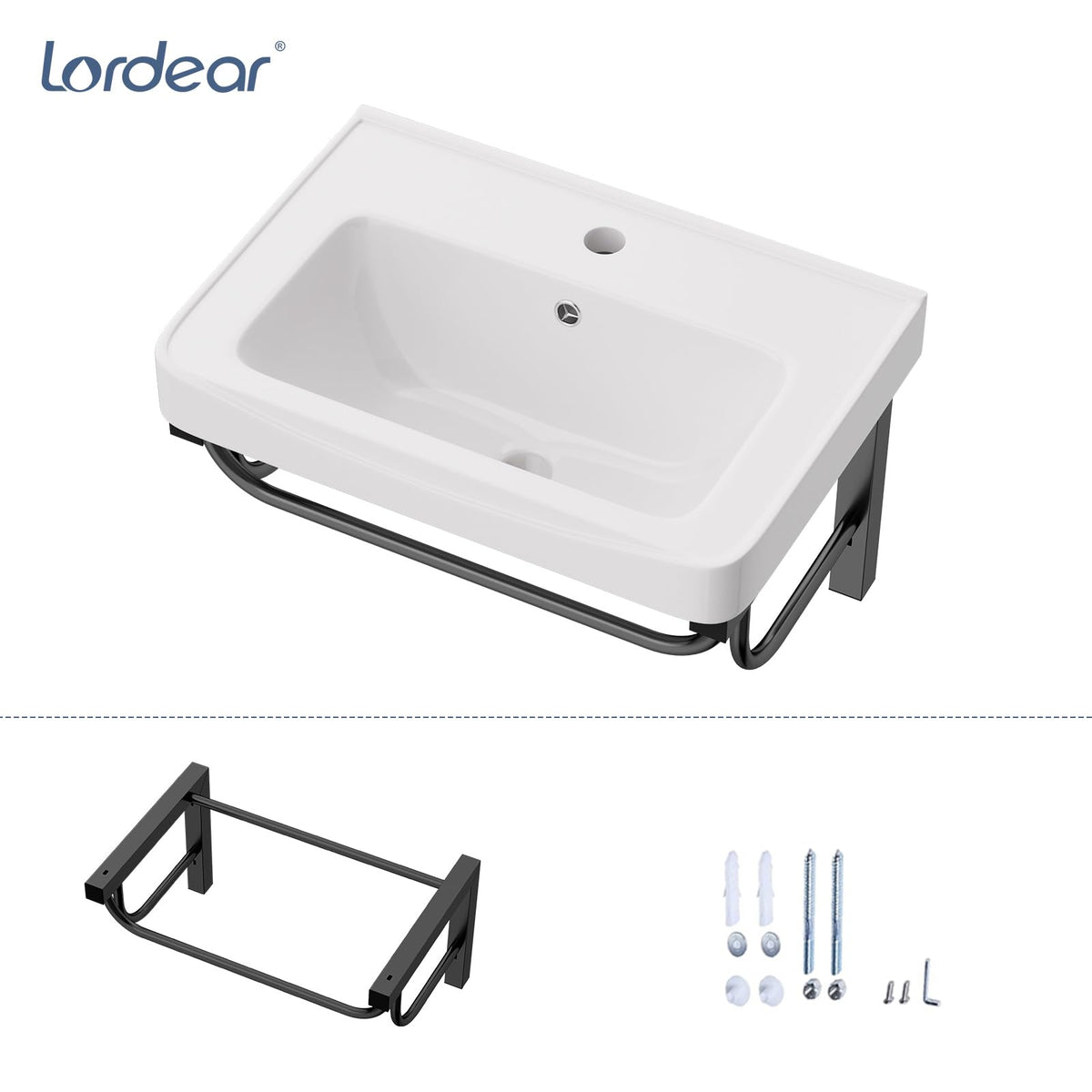 Lordear Wall Mounted Vessel Sink 16x11 Inch, U-Shape White Porcelain Bathroom Sink with Black Faucet and Support Pedestal Legs, Wall Hung Vanity Sink with Towel Rack for Small Bathrooms