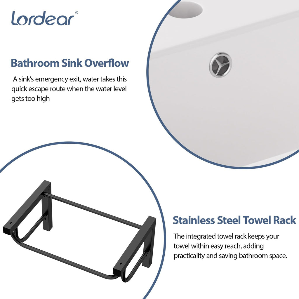 Lordear Wall Mounted Vessel Sink 16x11 Inch, U-Shape White Porcelain Bathroom Sink with Black Faucet and Support Pedestal Legs, Wall Hung Vanity Sink with Towel Rack for Small Bathrooms