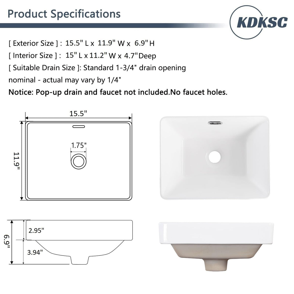 Bathroom Vessel Sink 16.7" X 12.6" Semi Recessed Bathroom Sink Rectangular Drop In Bathroom Sinks with Overflow White Ceramic Vessel Sinks for Bathroom Modern Above Counter Basin Vanity Sink