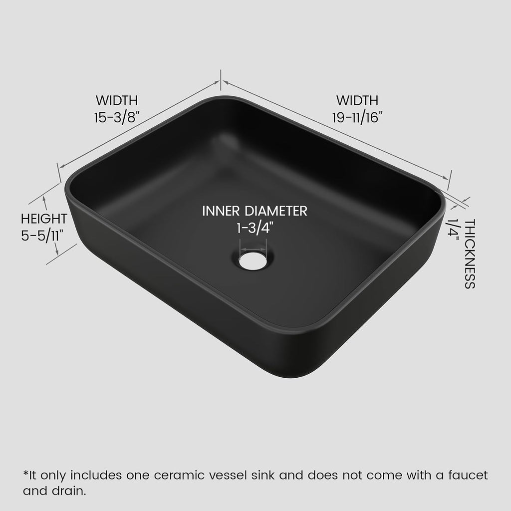 Matte Black Bathroom Vessel Sink Rectangular, 19.7â x 15.4â x 5.5â, Modern Countertop Bathroom Sink with Drainage Design, Above Counter Ceramic Basin for Powder Room - MJ-695