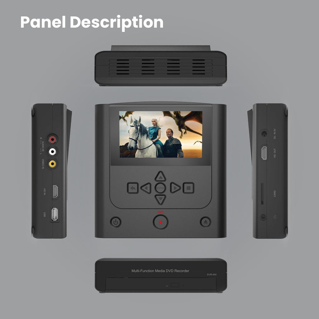 VHS to DVD Recorder, VCR to DVD Recorder-Convert Photos and Videos Between VHS,VCR,Memory Cardï¼DVD and USB. Phone can use a Free app to Burn Videos and Photos, Also has TV Recording Functionï¼Blackï¼