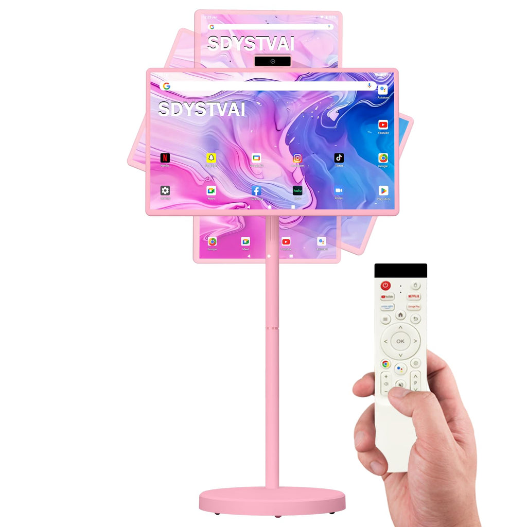 32-Inch FHD Smart Portable TV, Rolling TV on Wheels, Built-in Battery, Android 15 OS, Touch Screen Monitor, 6GB RAM + 128GB Storage, 8MP Camera, Full Swivel Rotation, Voice Remote