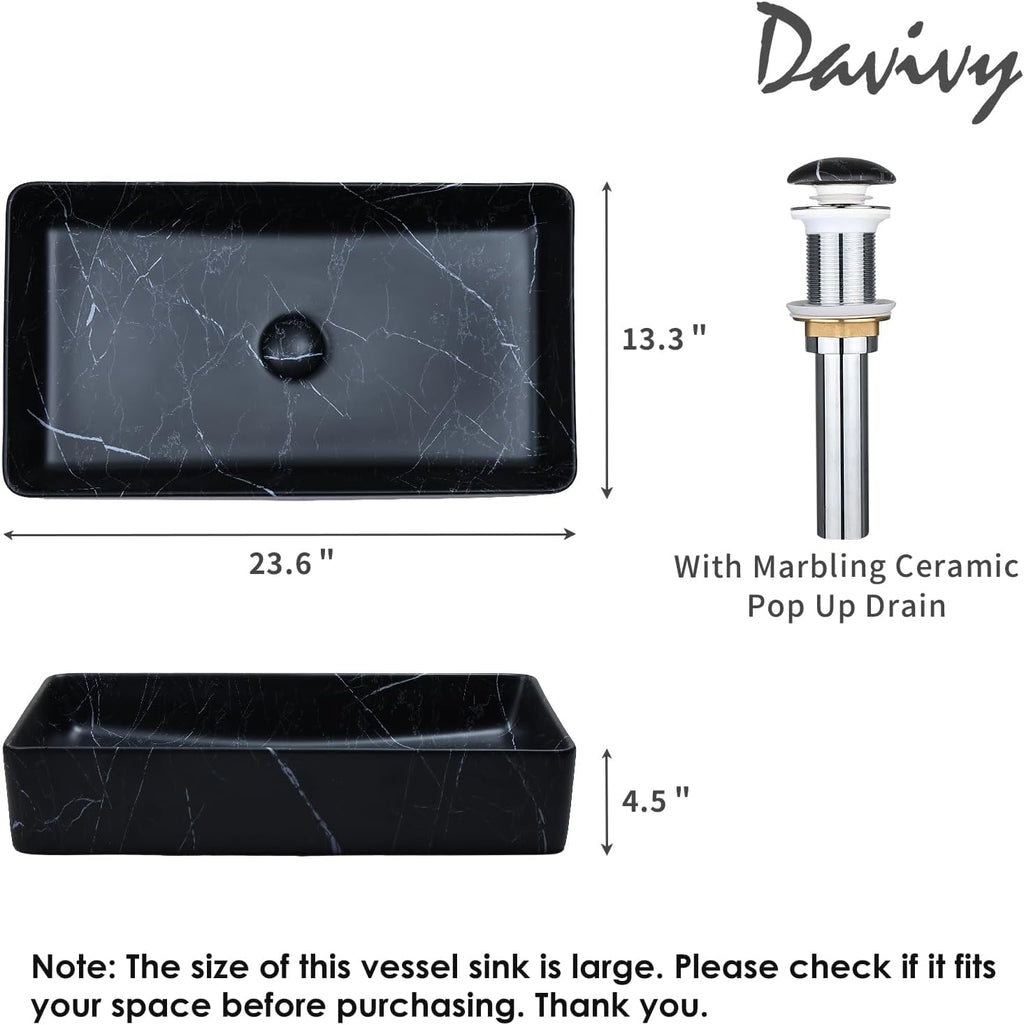 Davivy 23.6''x13.3'' Large Nordic Marbling Matte Black Rectangle Vessel Sink with Pop Up Drain,Bathroom Vessel Sinks,Bathroom Sinks Above Counter,Black Ceramic Vessel Sink for bathrooms (Large)