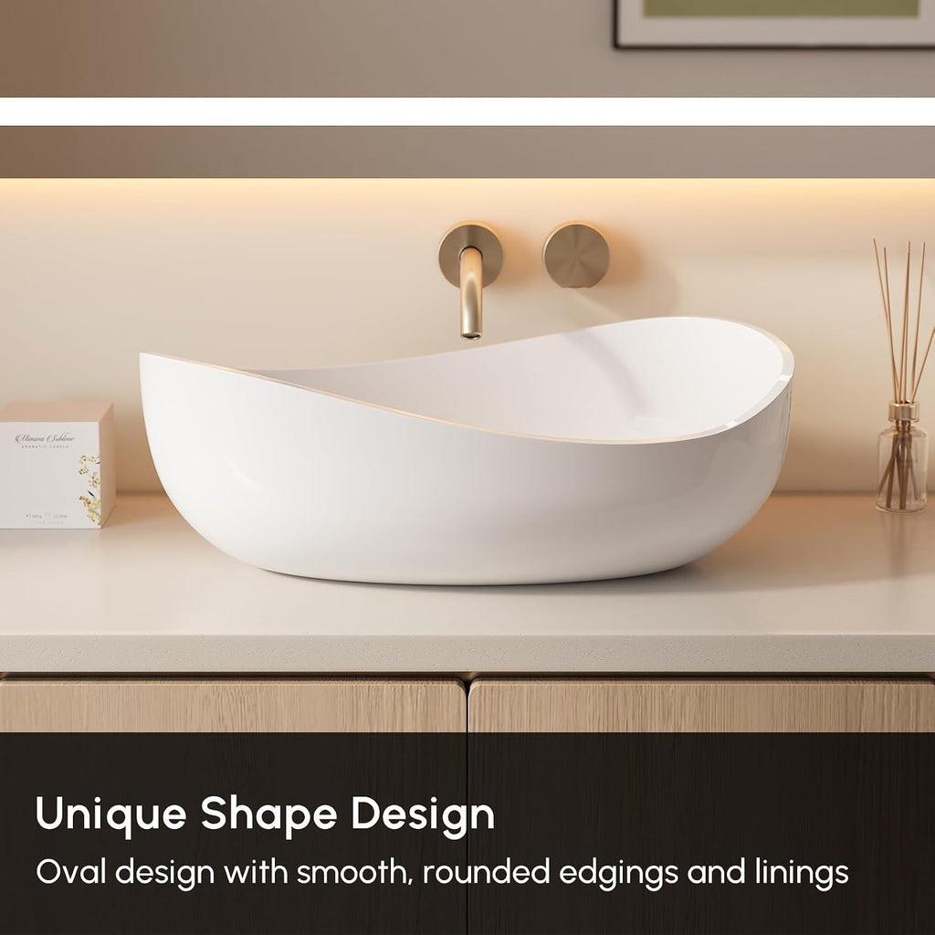 22.44'' Stone Resin Bathroom Vessel Sink, Glossy White
