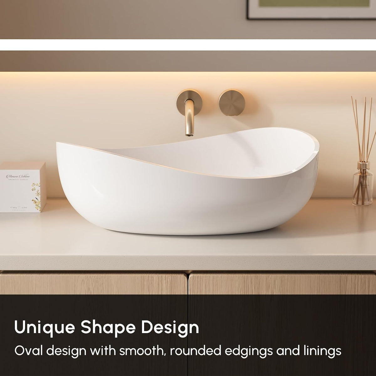 22.44'' Stone Resin Bathroom Vessel Sink, Glossy White