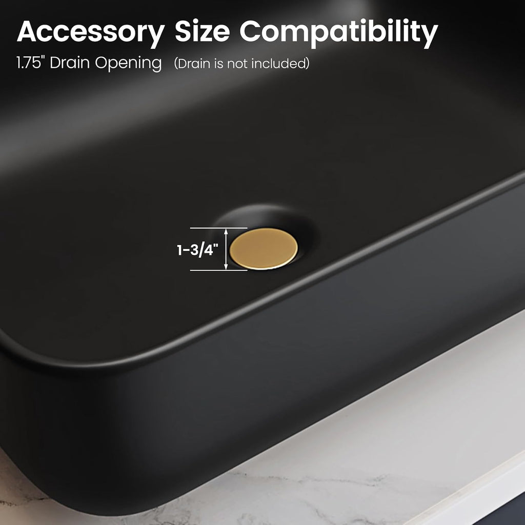 Matte Black Bathroom Vessel Sink Rectangular, 19.7â x 15.4â x 5.5â, Modern Countertop Bathroom Sink with Drainage Design, Above Counter Ceramic Basin for Powder Room - MJ-695