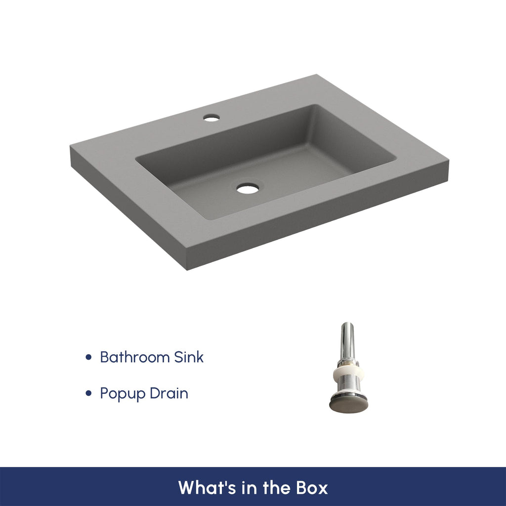 Semi Recessed Bathroom Sink, 23.4 Inch Rectangular Bathroom Vessel Sink, Drop-In Countertop Basin with Single Faucet Hole, Center Drain Assembly for Modern Vanity Cabinet, Gray