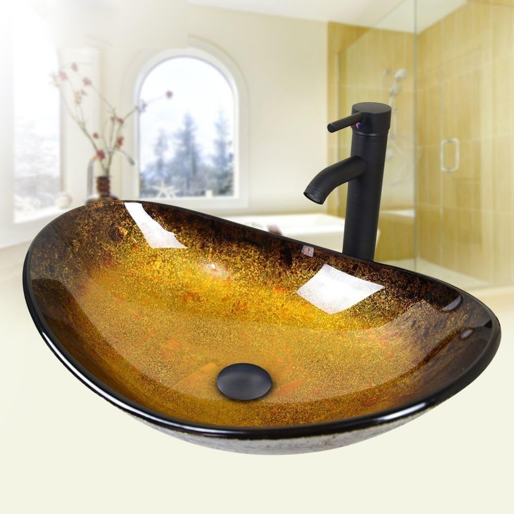 YOURLITE Bathroom Artistic Vessel Sink, Tempered Glass Countertop Bowl Sink