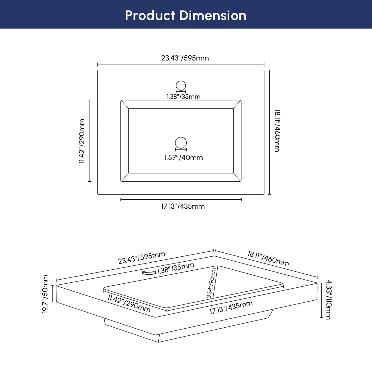 Semi Recessed Bathroom Sink, 23.4 Inch Rectangular Bathroom Vessel Sink, Drop-In Countertop Basin with Single Faucet Hole, Center Drain Assembly for Modern Vanity Cabinet, Gray